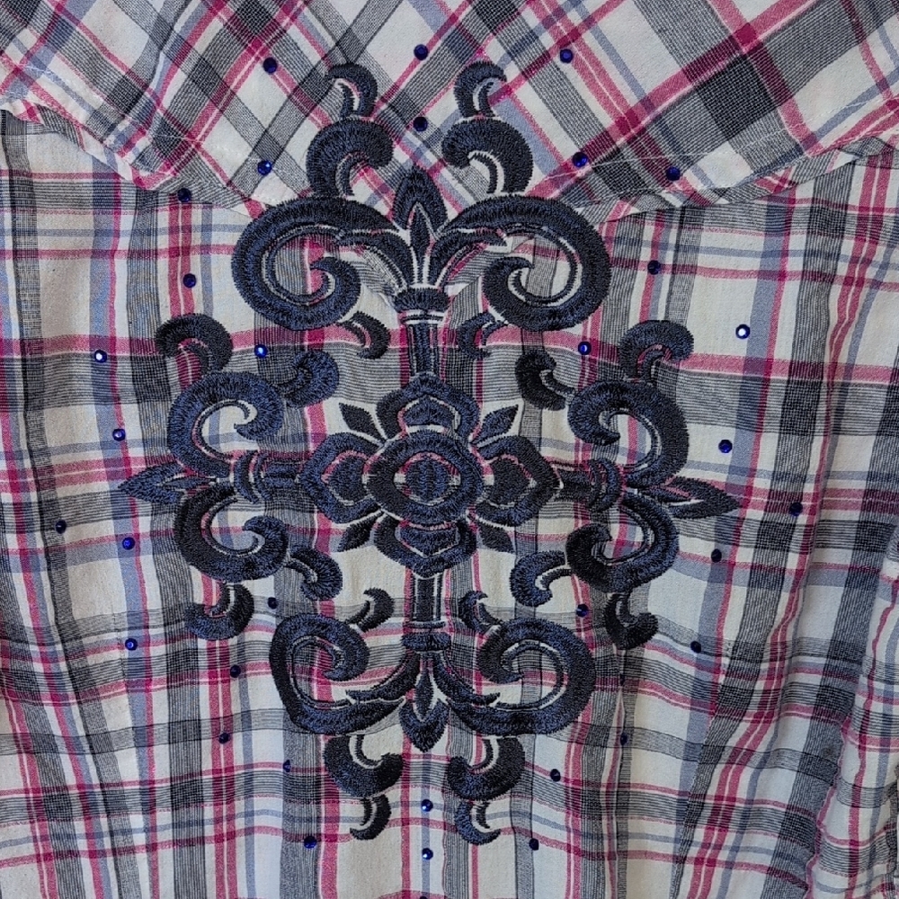Ariat Women's Plaid Button-Down Shirt - Pink and Gray Embroided Back - Picture 6 of 11